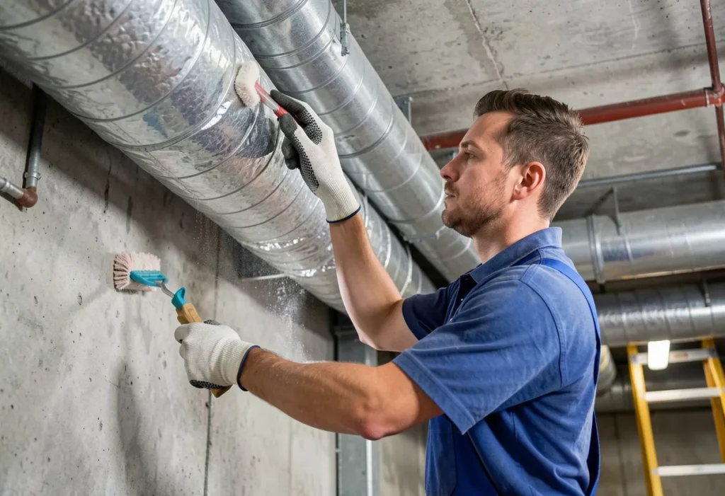 HVAC technician brushing metal air ductwork to remove dust and debris during duct cleaning