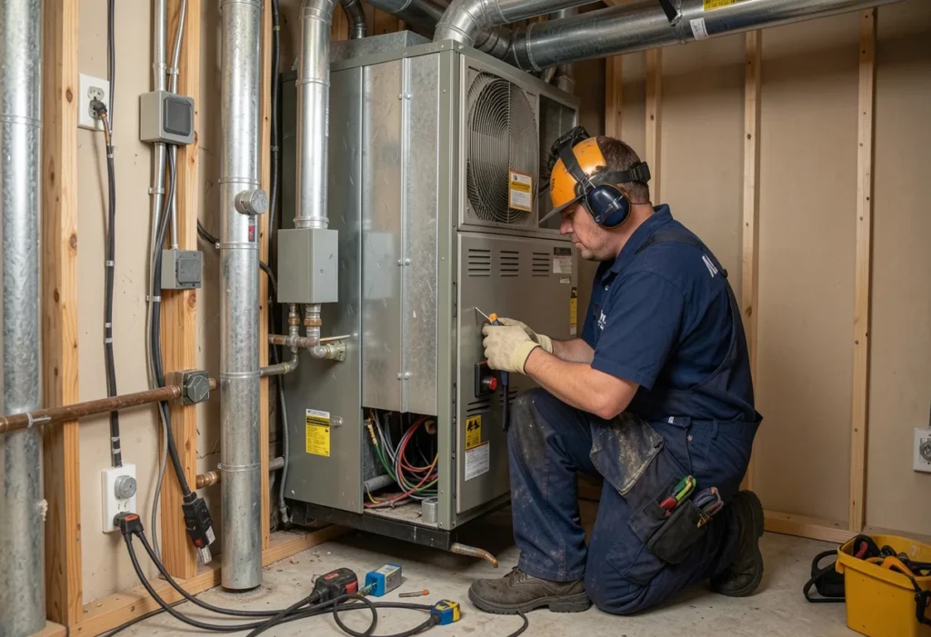HVAC technician inspecting electrical components as part of HVAC system maintenance