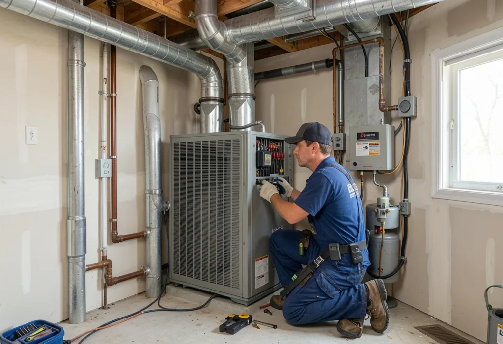 HVAC technician performing system inspection as part of routine HVAC maintenance service
