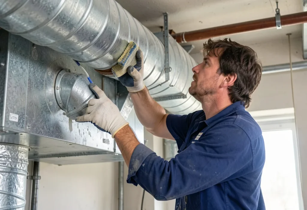 HVAC technician cleaning and inspecting metal air ductwork inside residential HVAC system