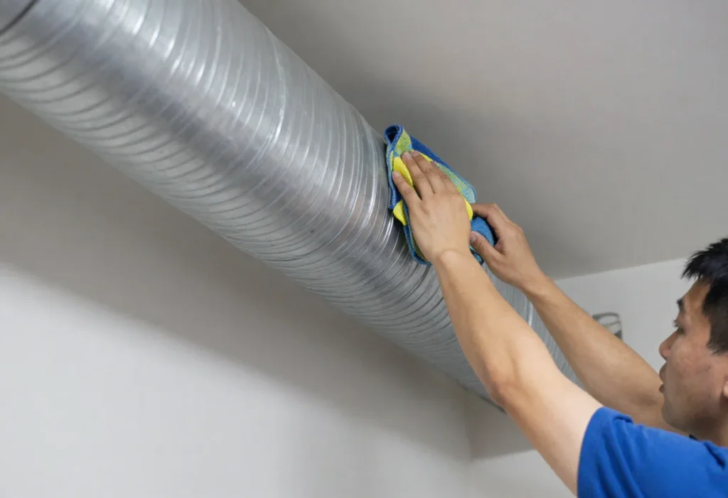Cleaning metal HVAC ductwork using microfiber cloth during air duct cleaning maintenance