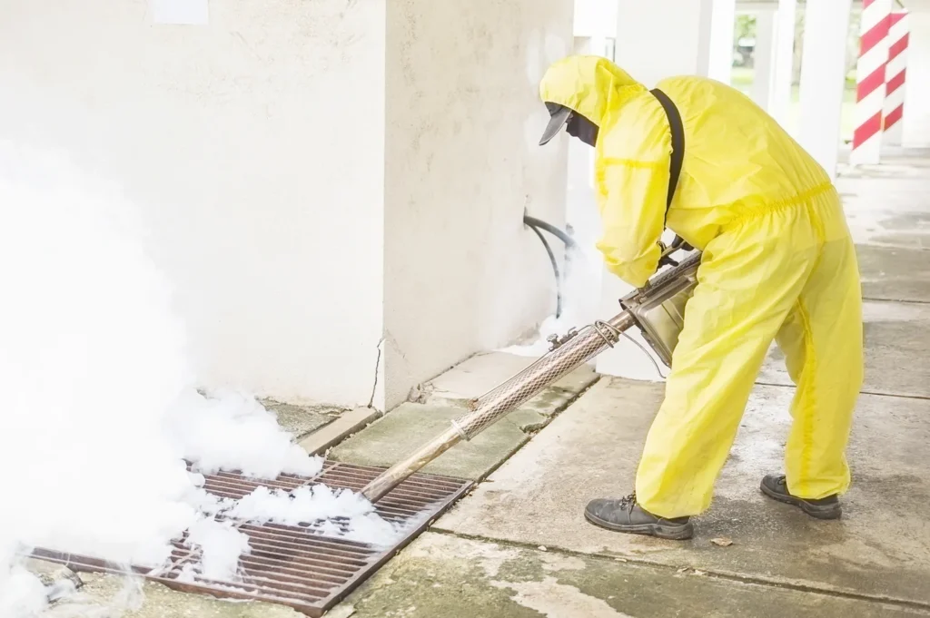 Professional performing mold abatement fogging to remove mold spores from contaminated area